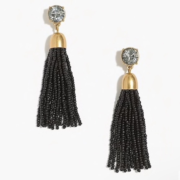 J. Crew Jewelry - J Crew NWT ON CARD Gold Tone Black Beaded Tassel Earrings Smokey Gray Crystal